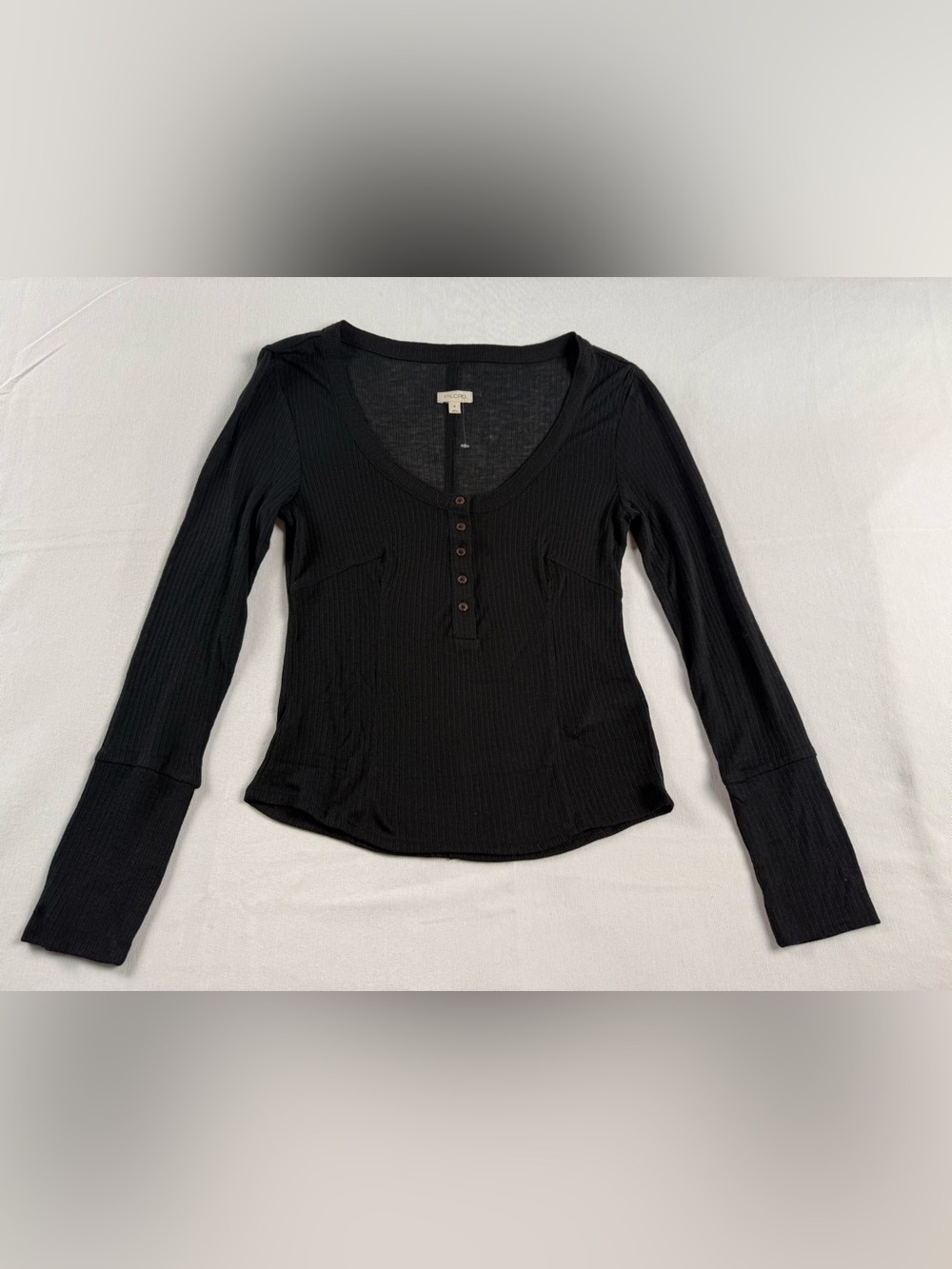 Pilcro Black Ribbed Scoop-Neck Henley Long Sleeve Top